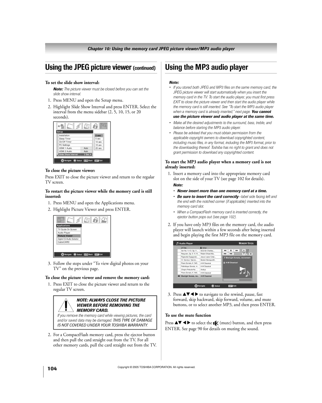 Toshiba 50HPX95 owner manual Using the MP3 audio player, Using the Jpeg picture viewer 