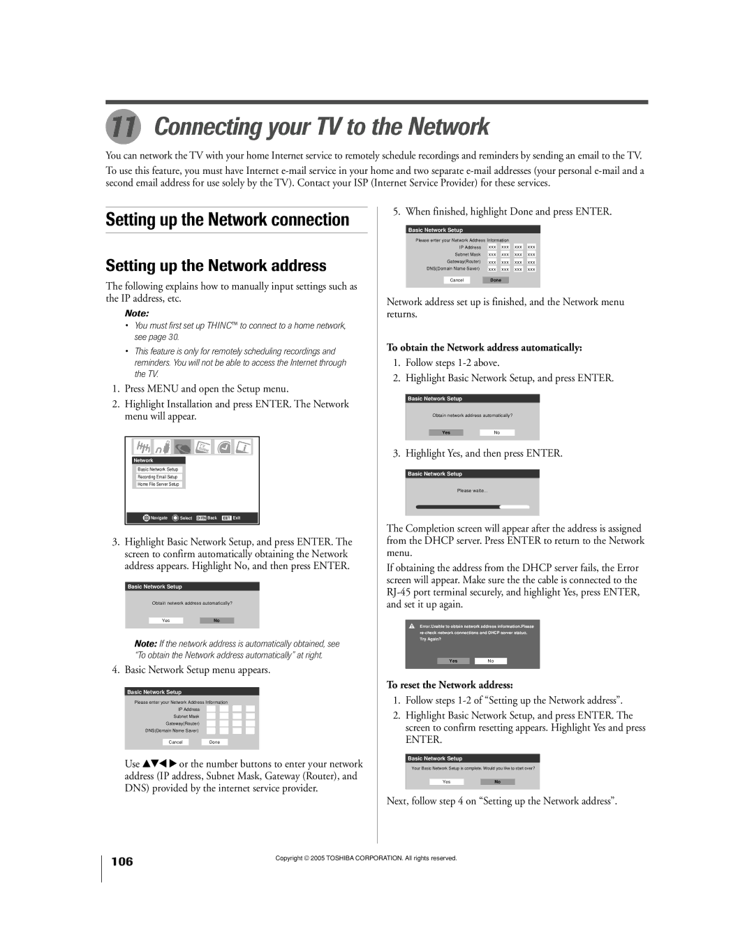 Toshiba 50HPX95 Connecting your TV to the Network, Setting up the Network address, To reset the Network address 