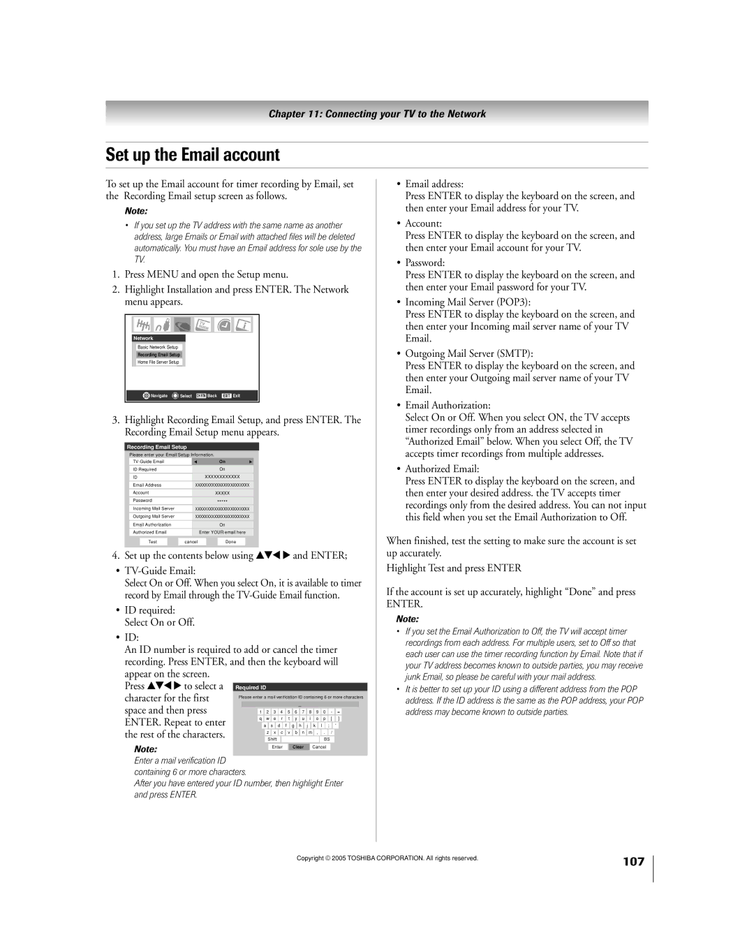 Toshiba 50HPX95 owner manual Set up the Email account 