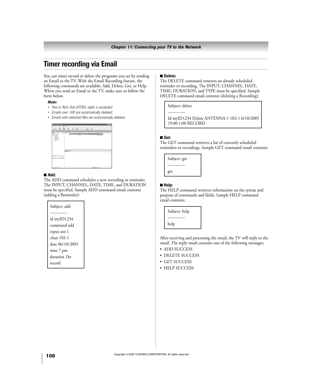 Toshiba 50HPX95 owner manual Timer recording via Email, Subject get Get 