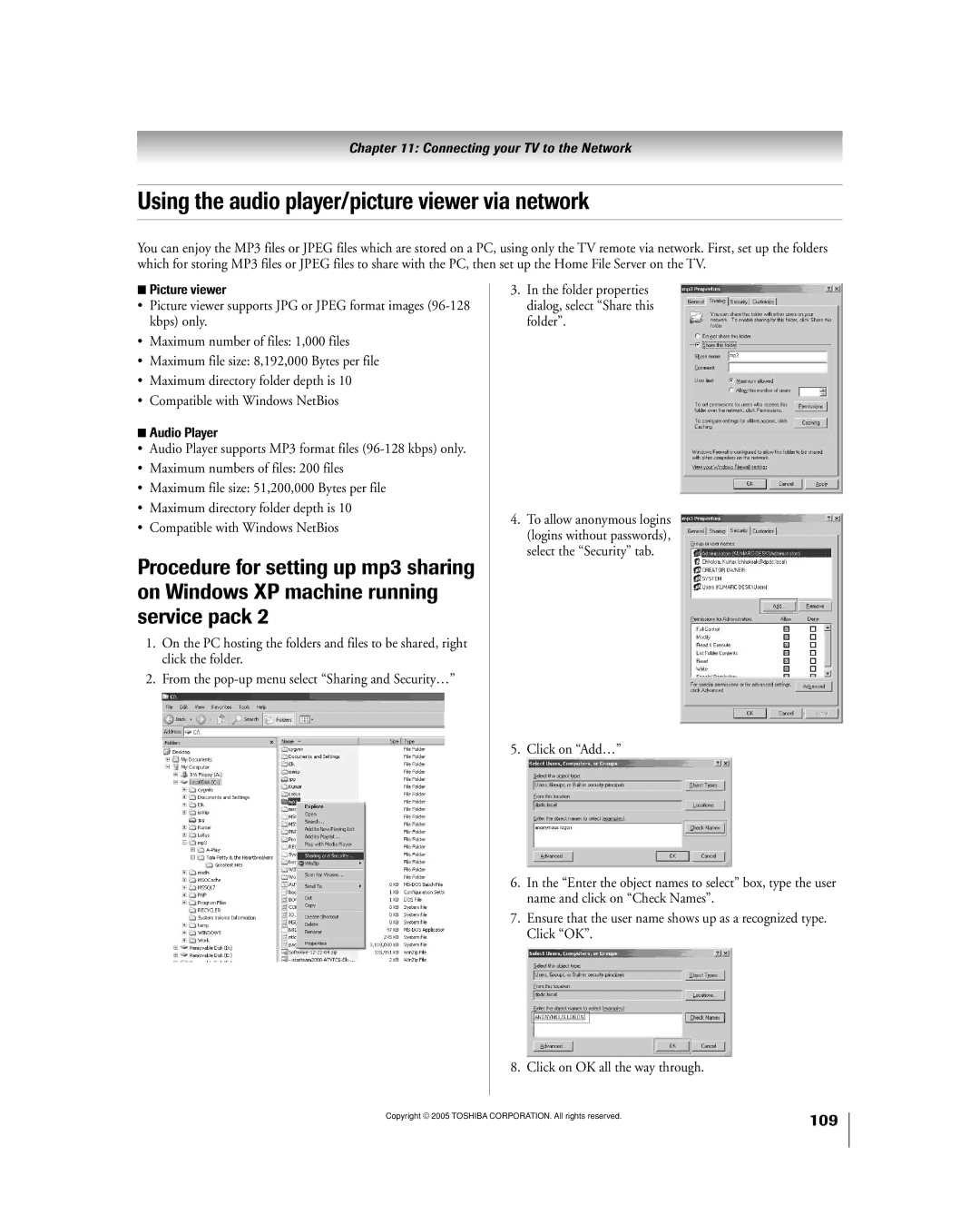 Toshiba 50HPX95 owner manual Using the audio player/picture viewer via network, Picture viewer, Audio Player 