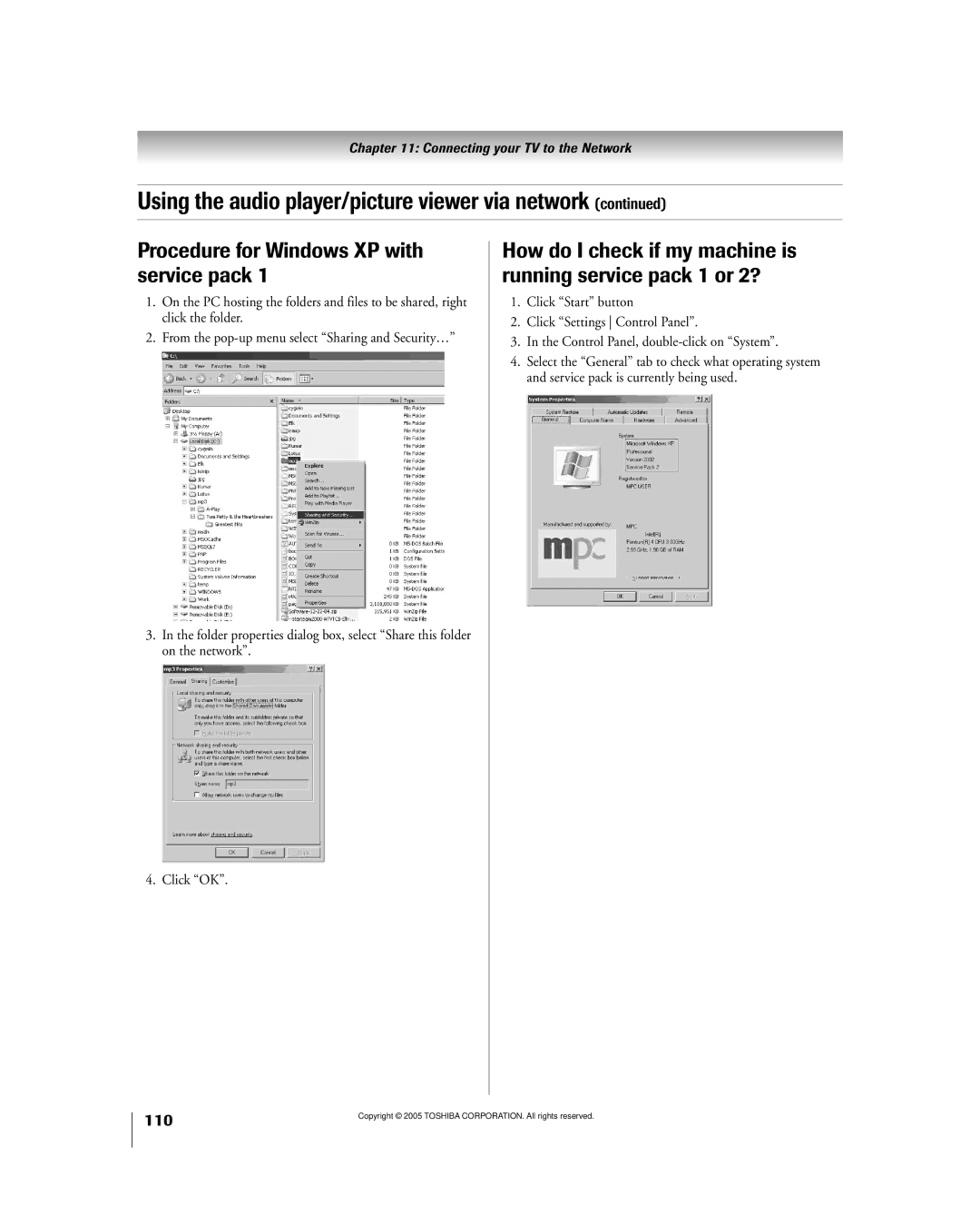 Toshiba 50HPX95 Procedure for Windows XP with service pack, How do I check if my machine is running service pack 1 or 2? 