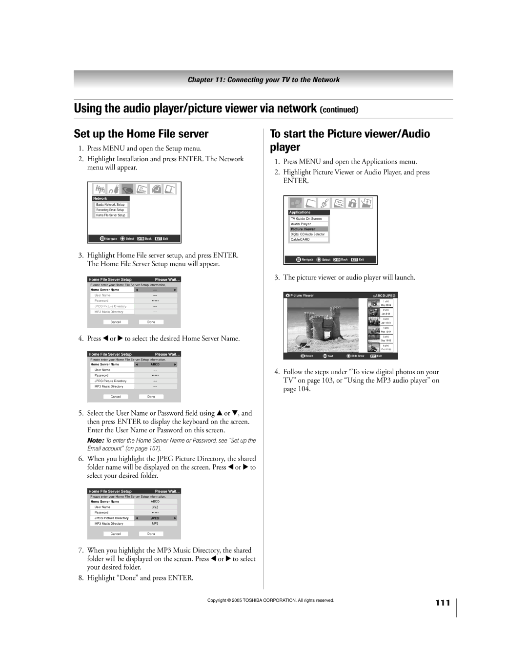 Toshiba 50HPX95 owner manual Set up the Home File server, To start the Picture viewer/Audio player 