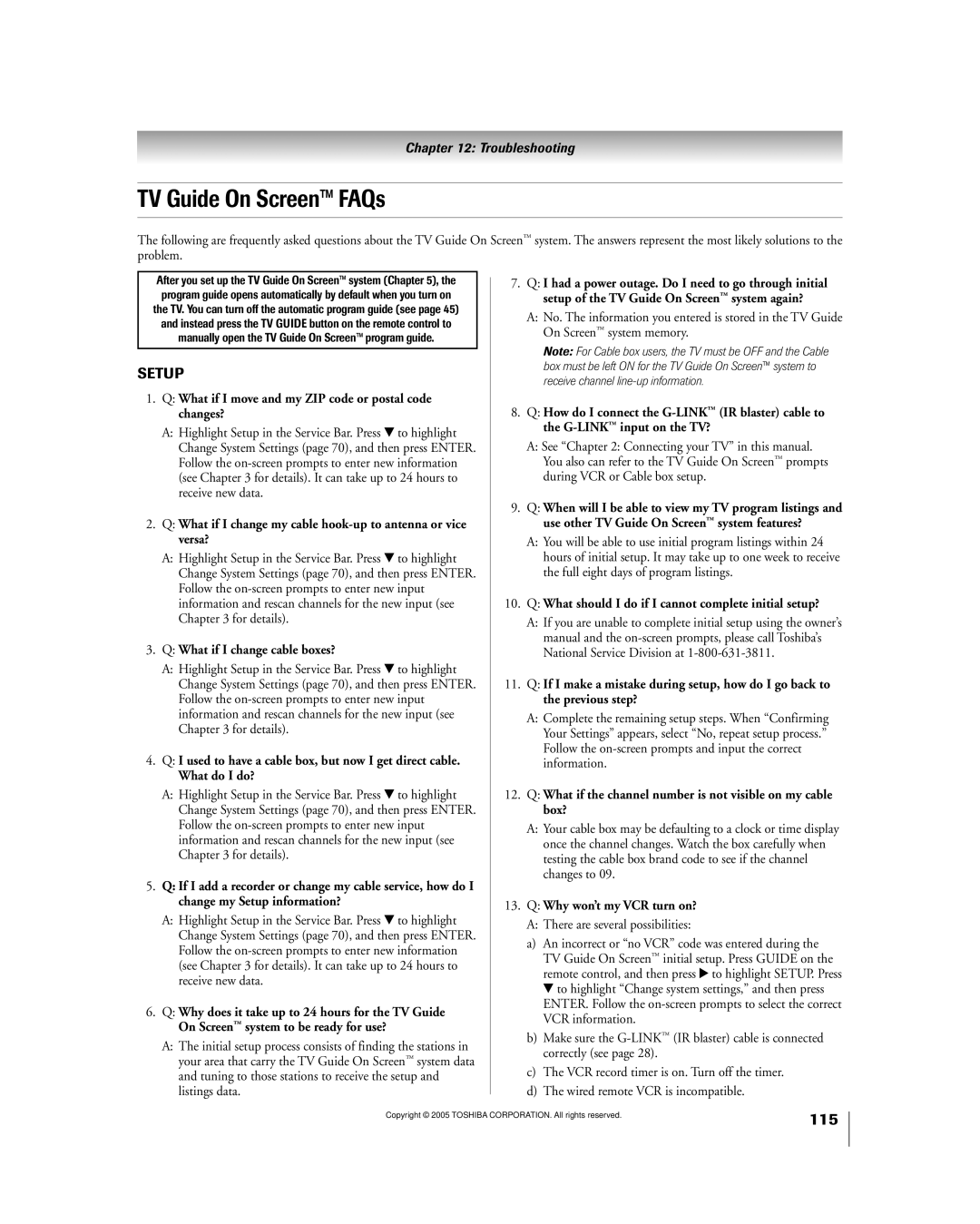 Toshiba 50HPX95 owner manual TV Guide On Screen FAQs, Setup 