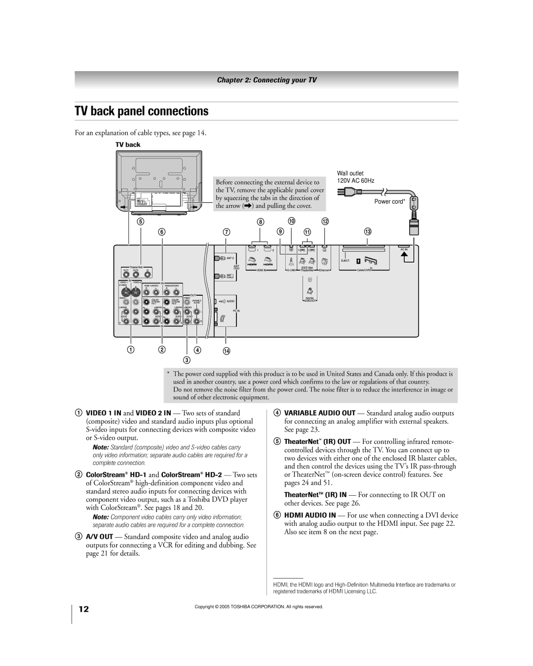 Toshiba 50HPX95 owner manual TV back panel connections, For an explanation of cable types, see 