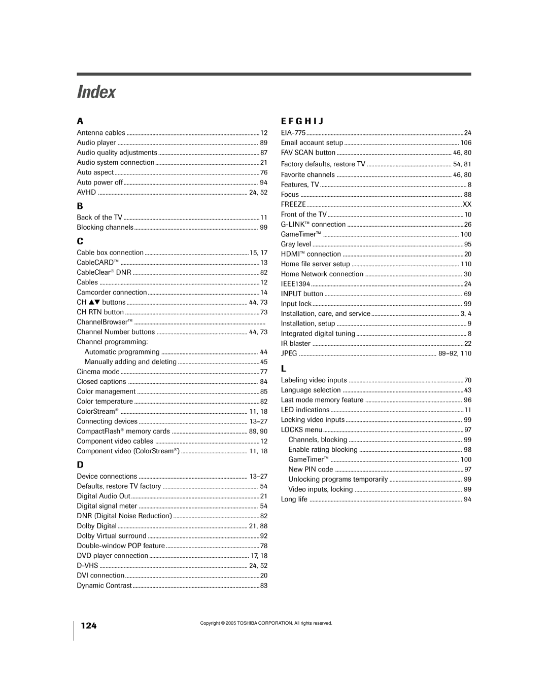 Toshiba 50HPX95 owner manual Index, Channel programming, 106, 100, 110 