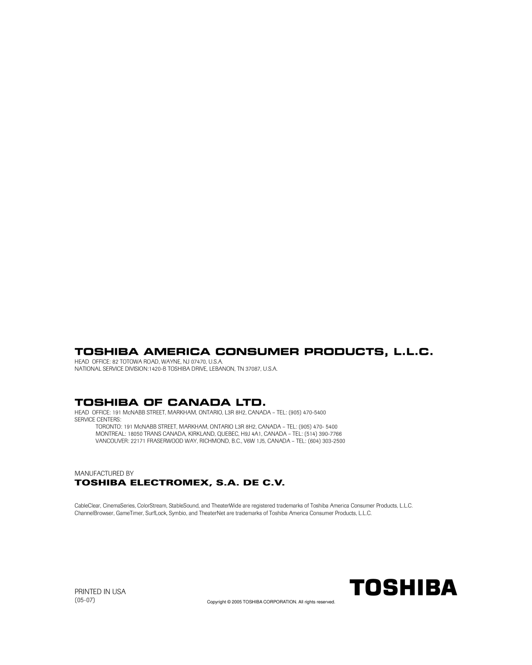 Toshiba 50HPX95 owner manual Toshiba America Consumer PRODUCTS, L.L.C 