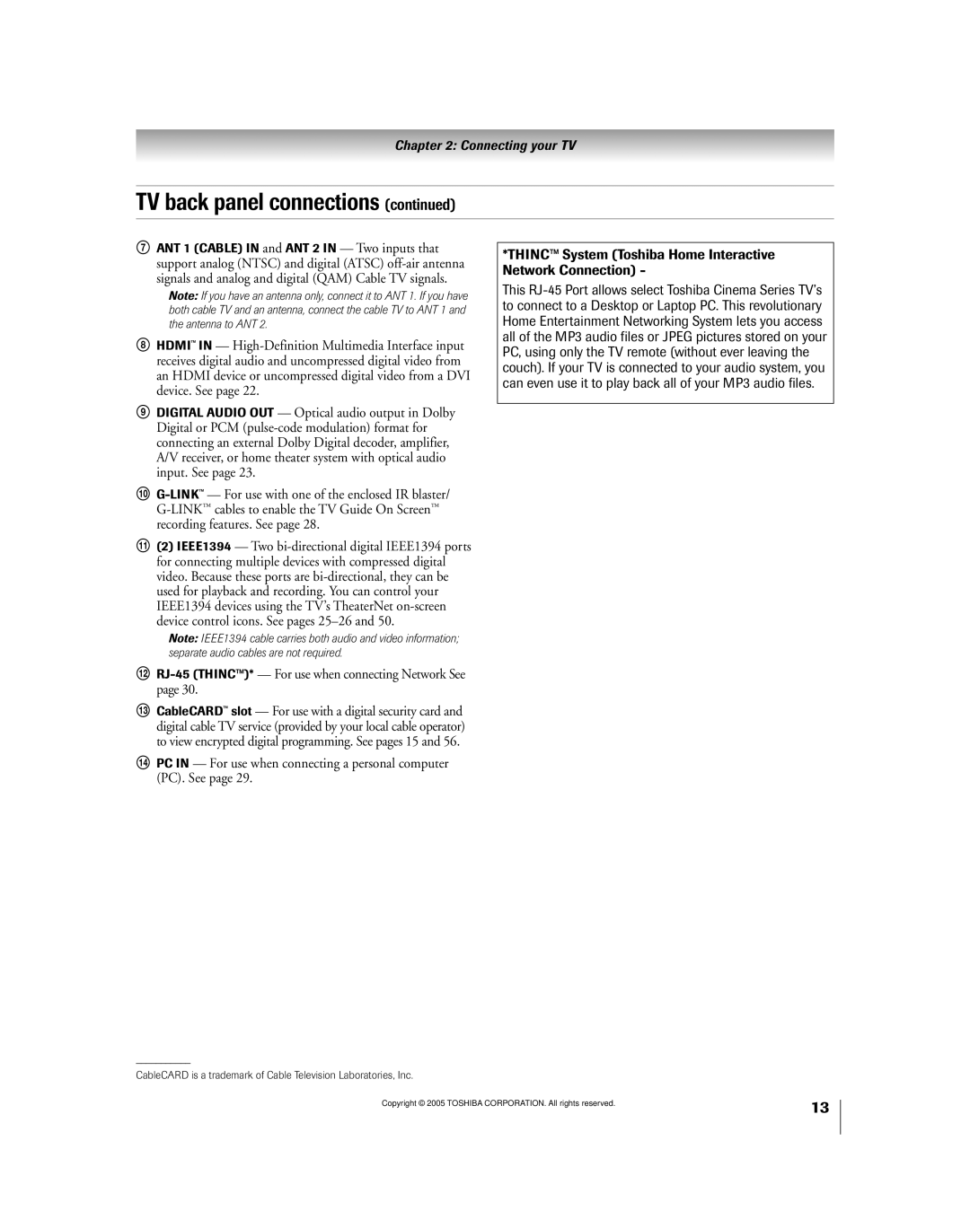 Toshiba 50HPX95 owner manual RJ-45 THINC* For use when connecting Network See 