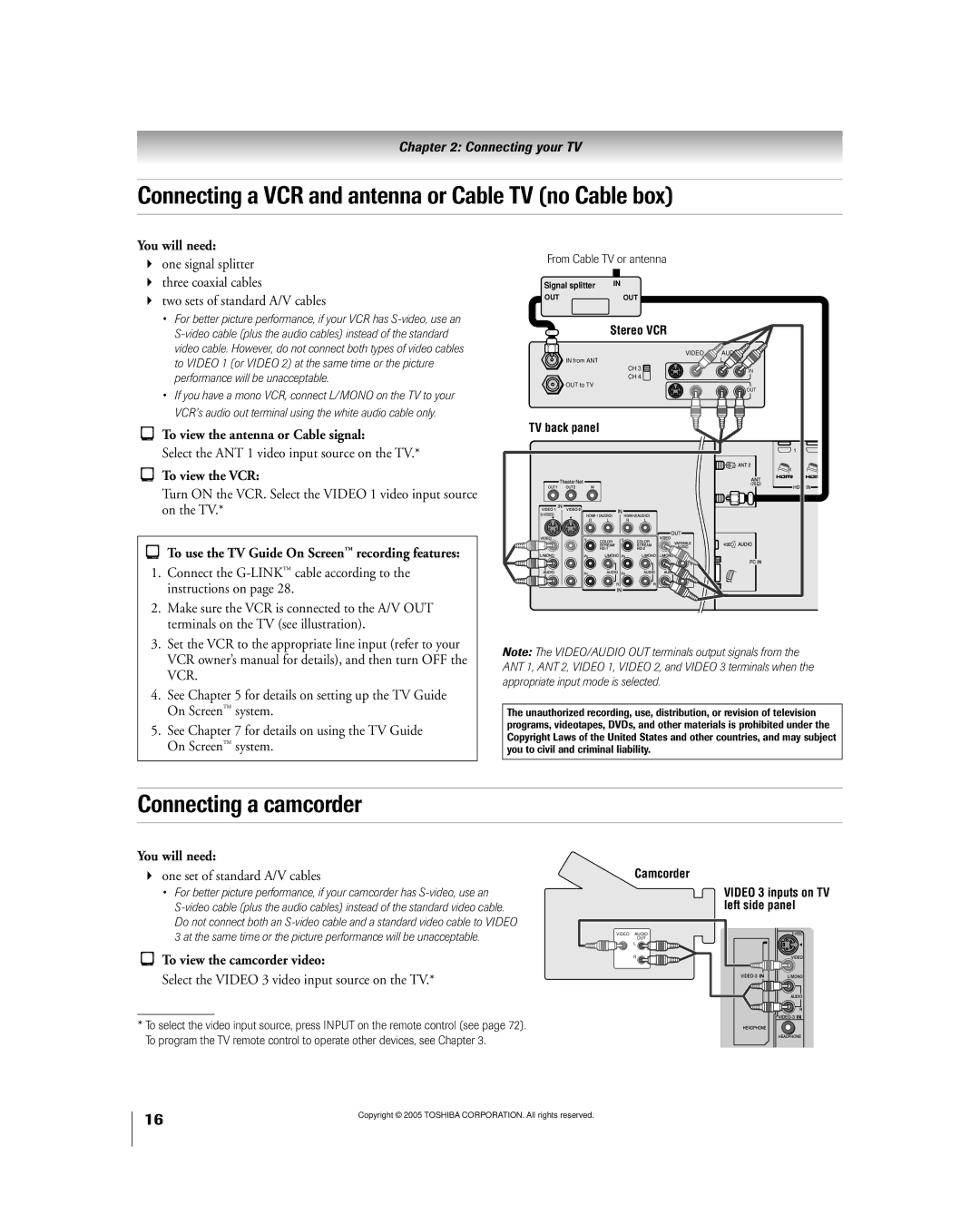 Toshiba 50HPX95 owner manual Connecting a VCR and antenna or Cable TV no Cable box, Connecting a camcorder 