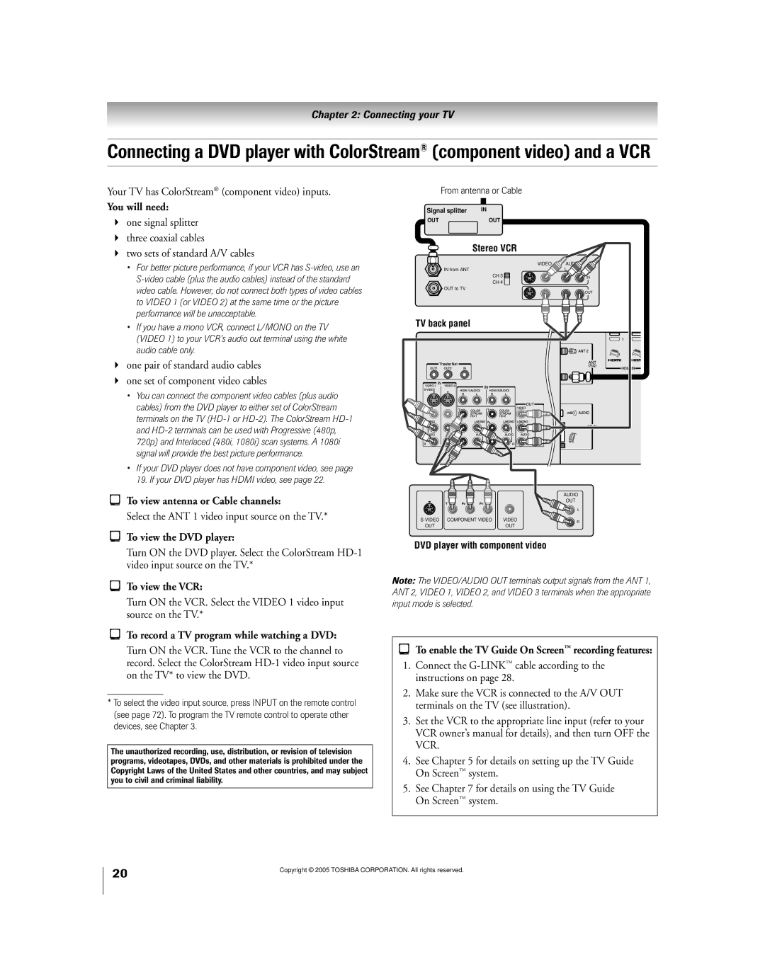 Toshiba 50HPX95 Your TV has ColorStream component video inputs, To view antenna or Cable channels, From antenna or Cable 