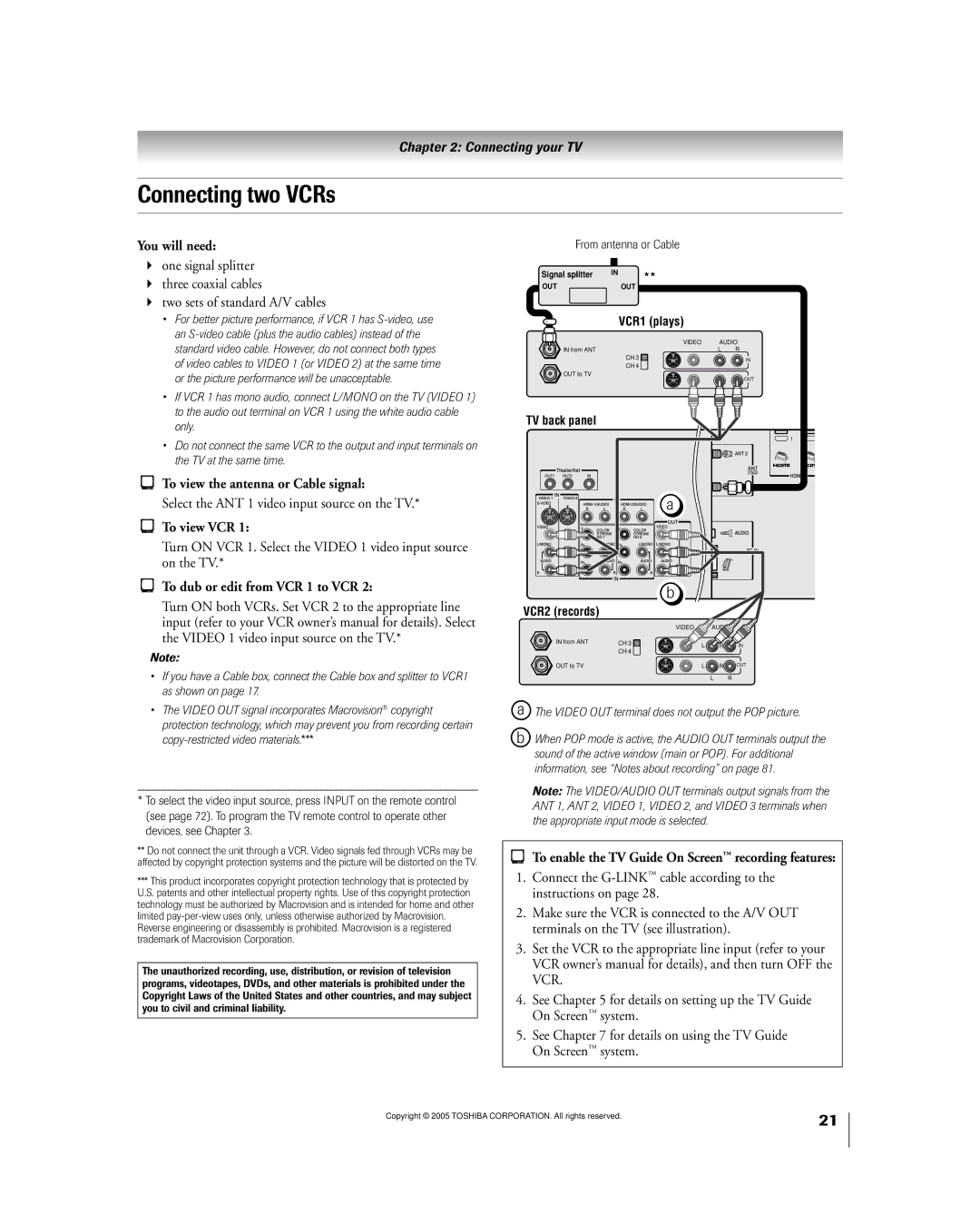 Toshiba 50HPX95 owner manual Connecting two VCRs, To view VCR, To dub or edit from VCR 1 to VCR 