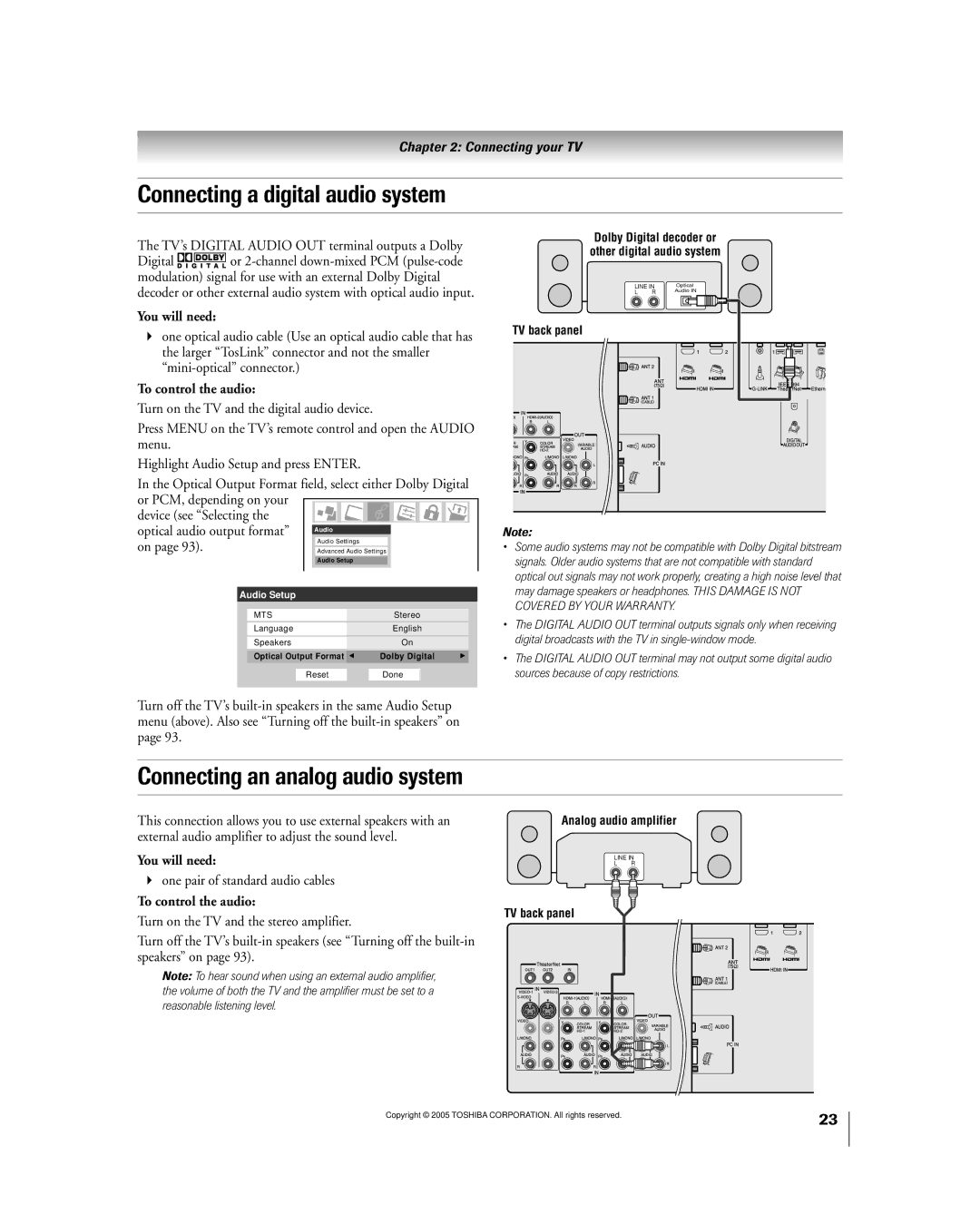 Toshiba 50HPX95 owner manual Connecting a digital audio system, Connecting an analog audio system, To control the audio 