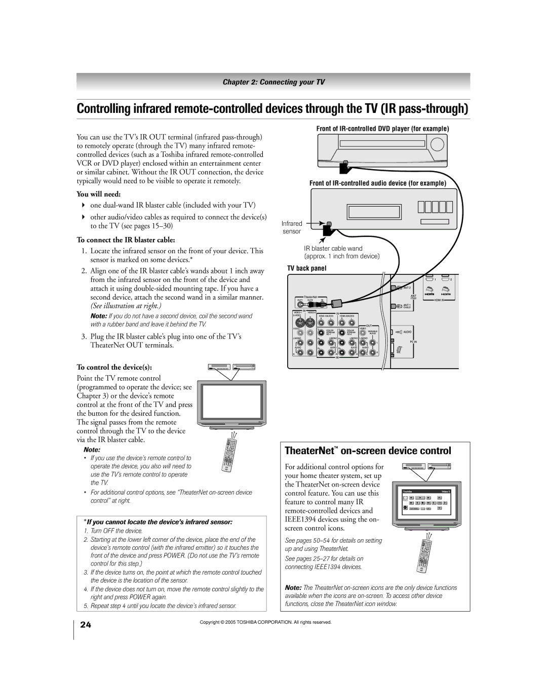 Toshiba 50HPX95 owner manual TheaterNet on-screen device control, To connect the IR blaster cable, To control the devices 