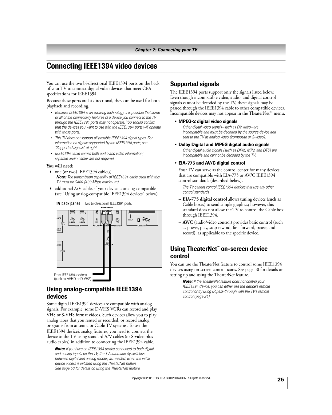 Toshiba 50HPX95 Using analog-compatible IEEE1394 devices, Supported signals, Using TheaterNet on-screen device control 