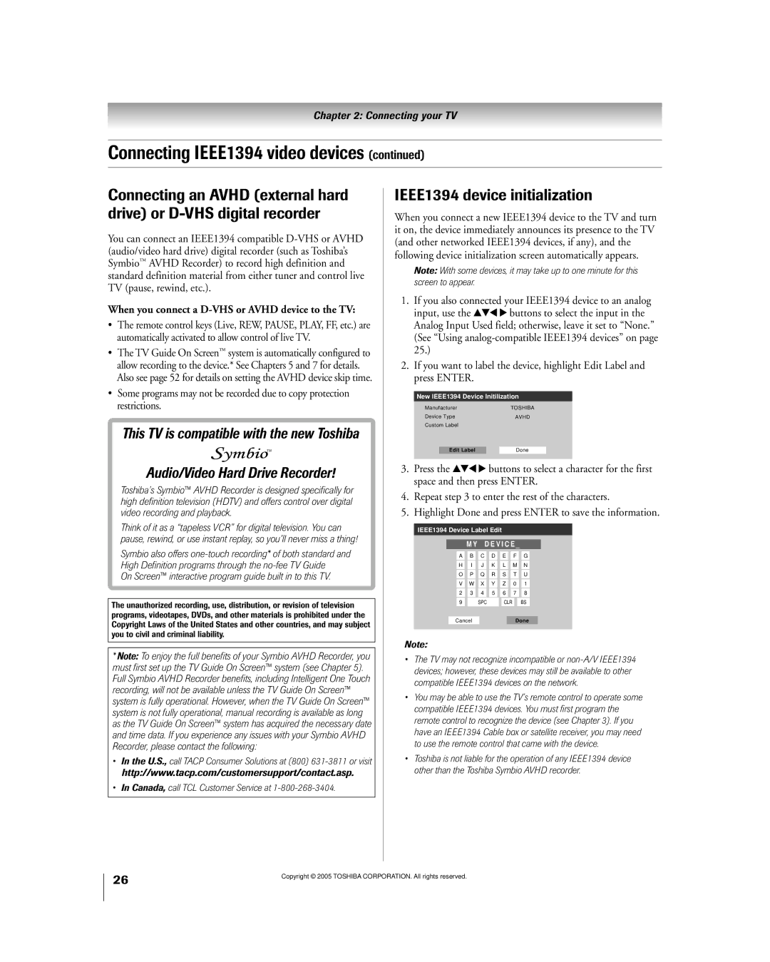 Toshiba 50HPX95 owner manual Connecting IEEE1394 video devices, IEEE1394 device initialization 