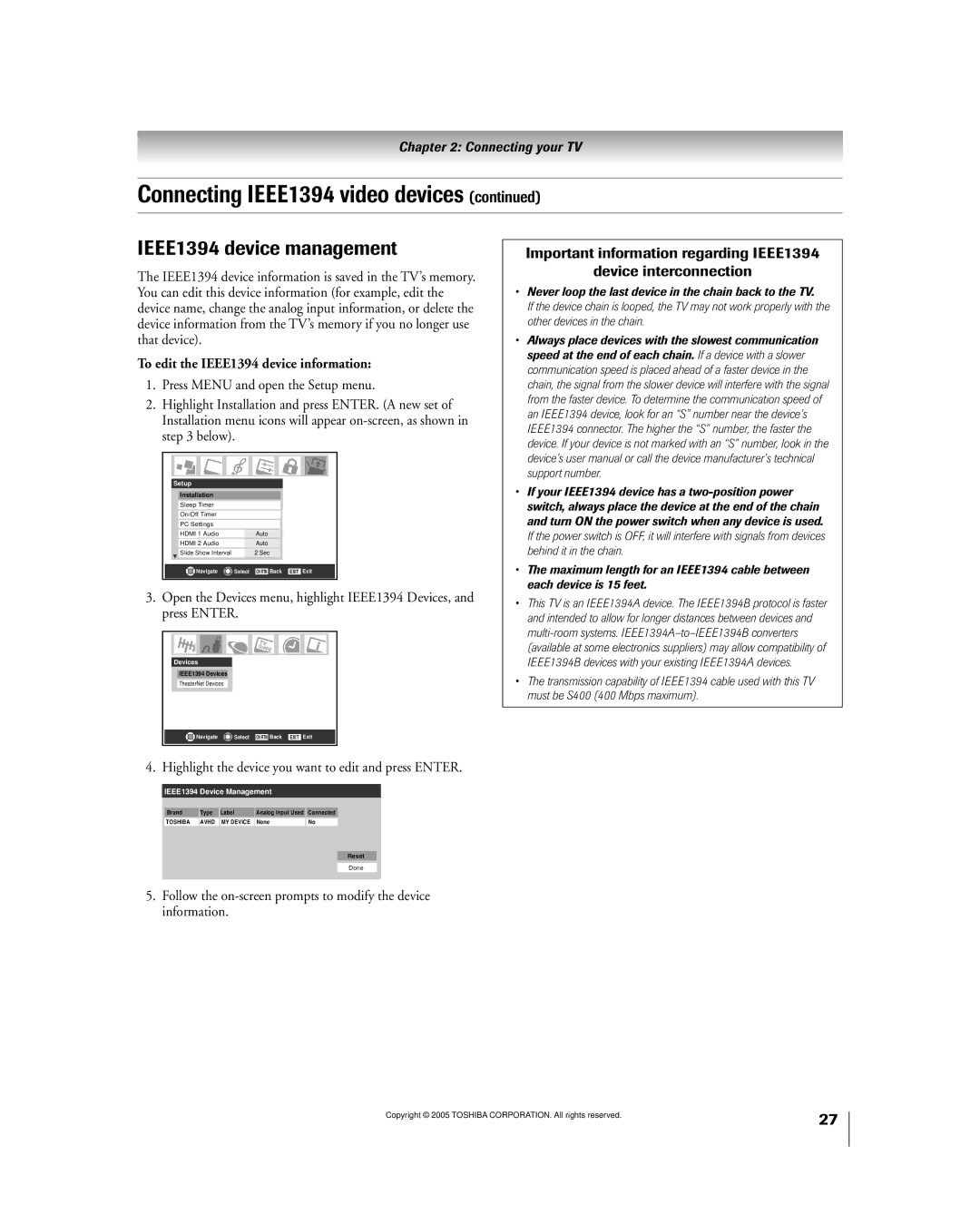 Toshiba 50HPX95 owner manual IEEE1394 device management, To edit the IEEE1394 device information 