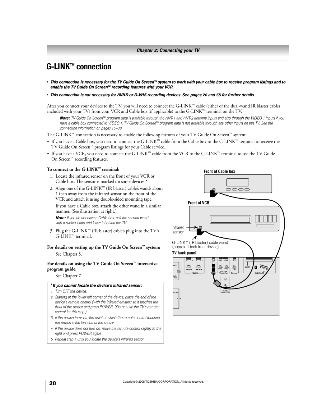 Toshiba 50HPX95 owner manual Link connection, To connect to the G-LINK ª terminal, See Chapter 