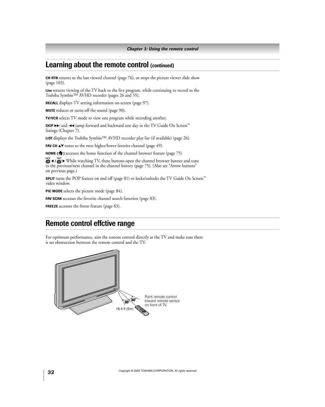 Toshiba 50HPX95 owner manual Remote control effctive range 