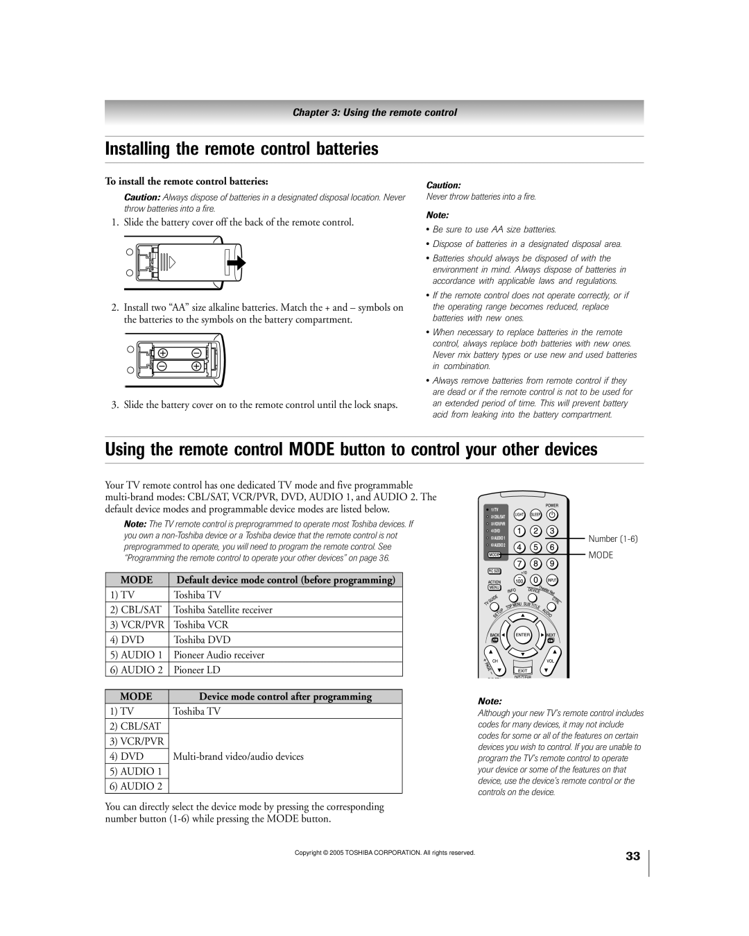 Toshiba 50HPX95 owner manual Installing the remote control batteries, To install the remote control batteries 