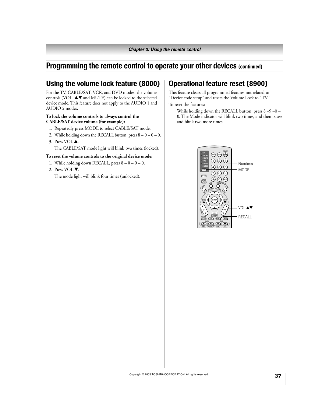 Toshiba 50HPX95 Using the volume lock feature, Operational feature reset, Repeatedly press Mode to select CABLE/SAT mode 