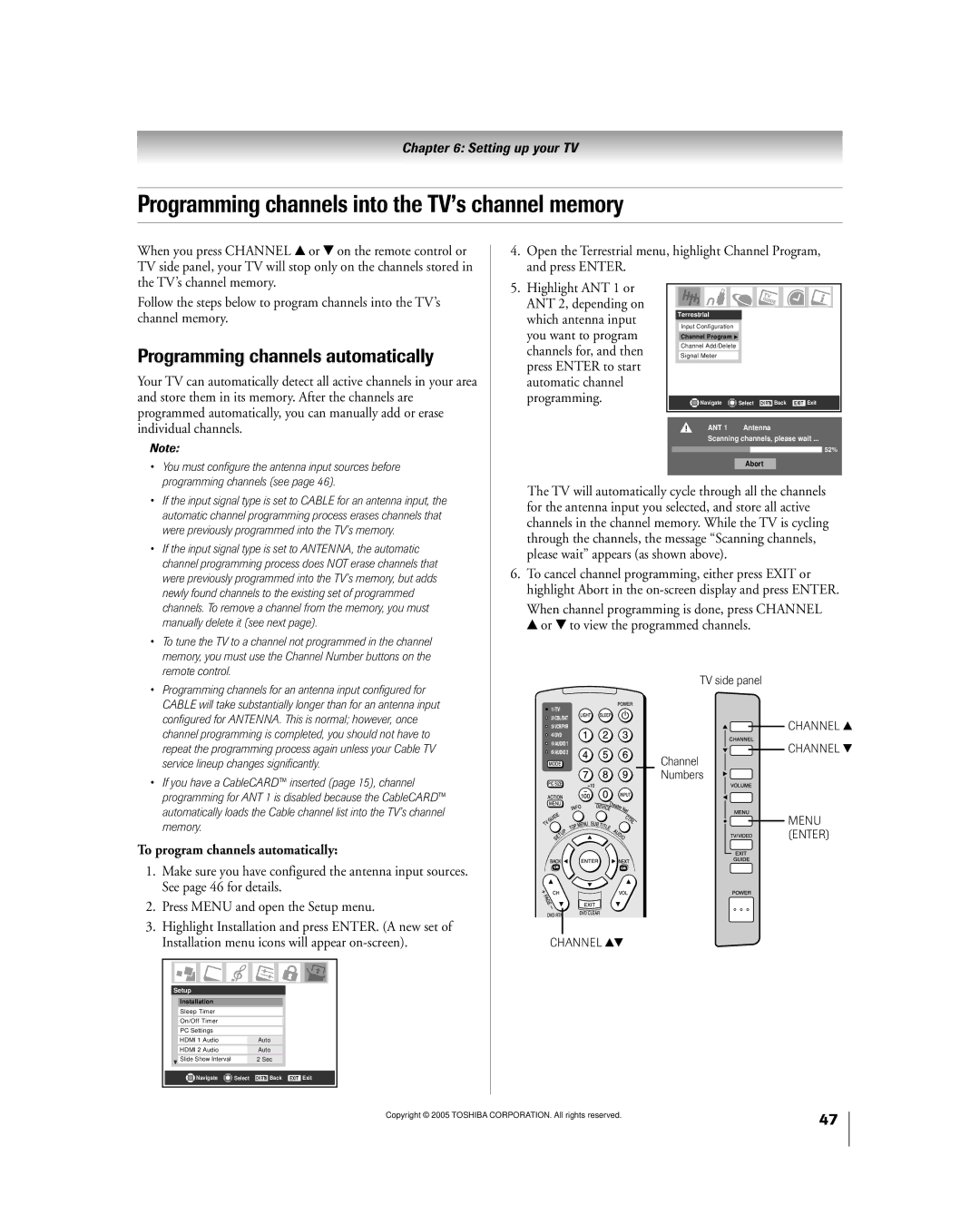 Toshiba 50HPX95 owner manual Programming channels into the TV’s channel memory, Programming channels automatically 