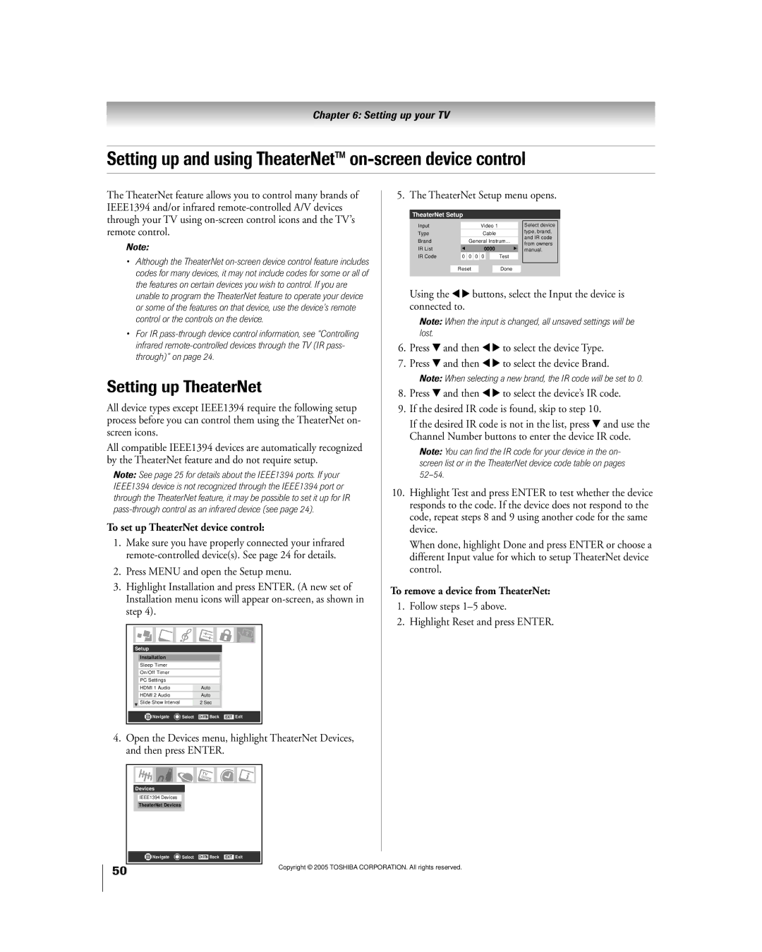 Toshiba 50HPX95 owner manual Setting up and using TheaterNet on-screen device control, Setting up TheaterNet 