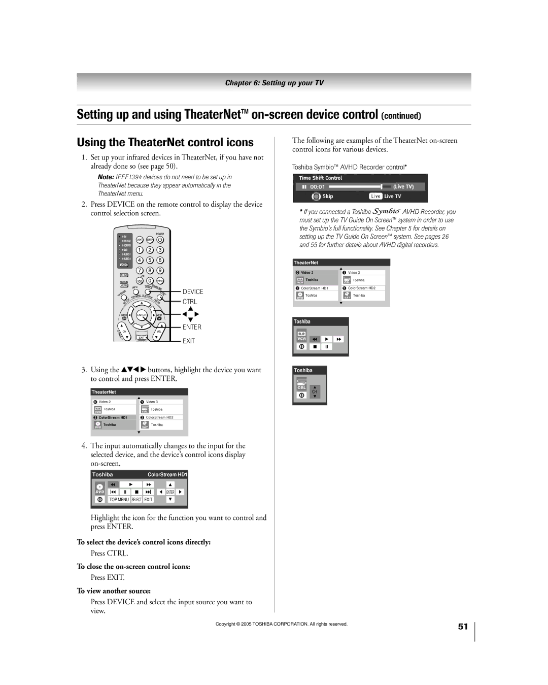 Toshiba 50HPX95 Using the TheaterNet control icons, To select the deviceÕs control icons directly, To view another source 