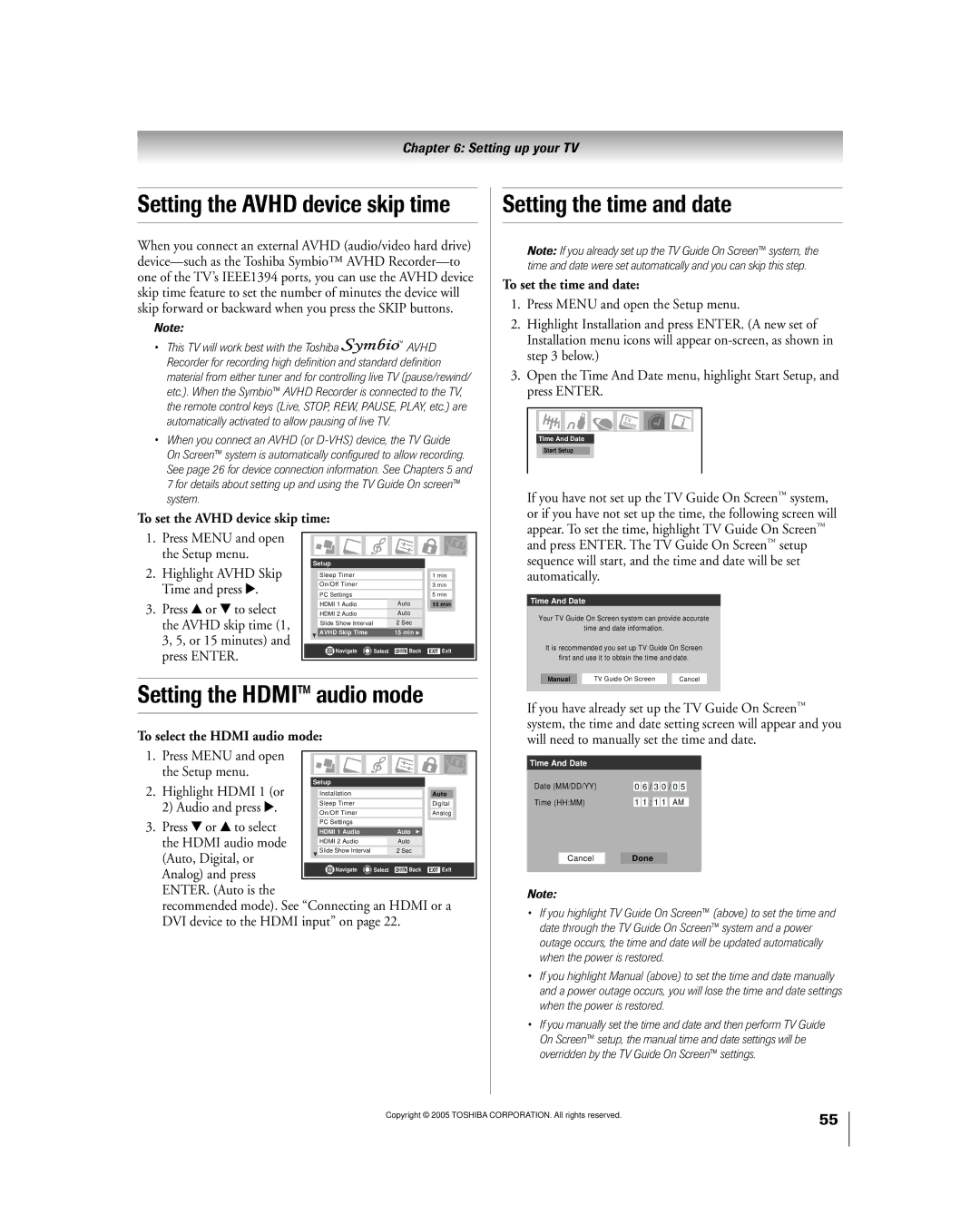 Toshiba 50HPX95 owner manual Setting the time and date, Setting the Hdmi audio mode, To set the Avhd device skip time 