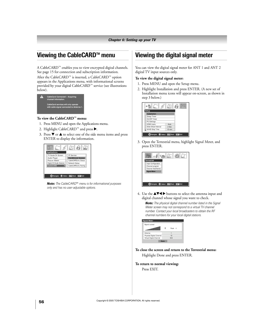 Toshiba 50HPX95 owner manual Viewing the CableCARD menu, Viewing the digital signal meter 