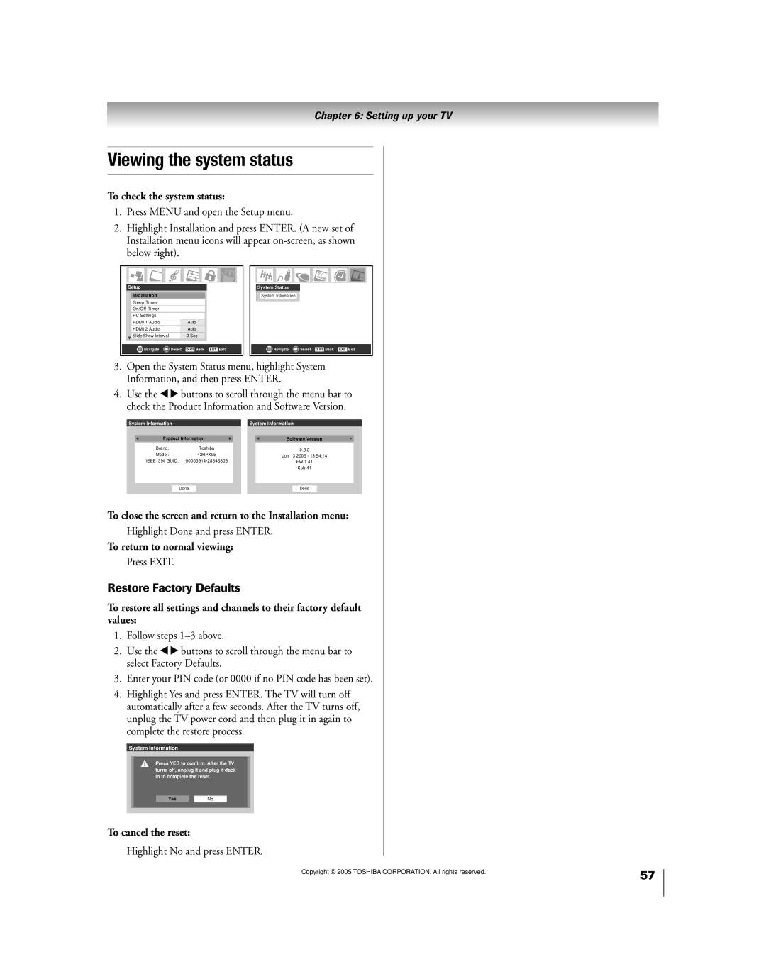 Toshiba 50HPX95 Viewing the system status, To check the system status, To cancel the reset, Highlight No and press Enter 