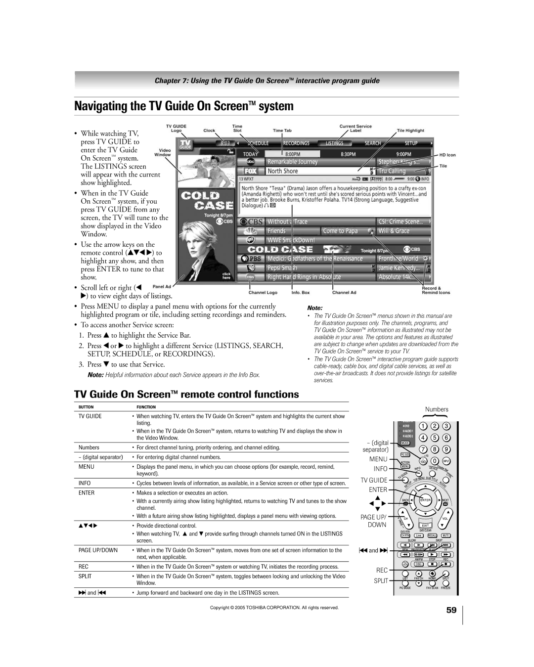 Toshiba 50HPX95 owner manual Navigating the TV Guide On Screen system, TV Guide On Screen remote control functions 