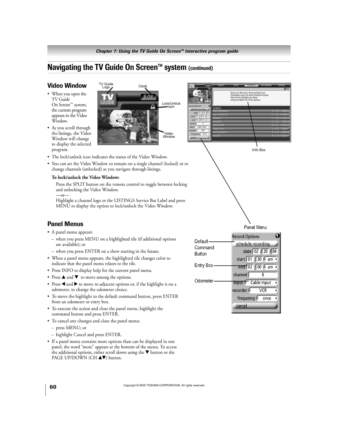 Toshiba 50HPX95 owner manual Panel Menus, To lock/unlock the Video Window 