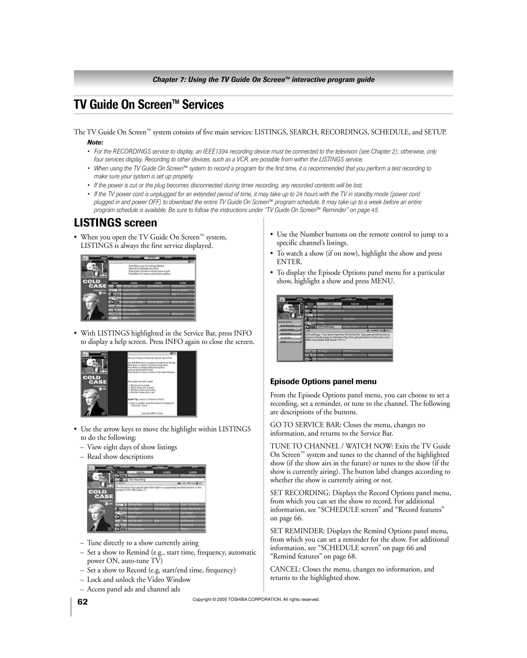 Toshiba 50HPX95 owner manual TV Guide On Screen Services, Listings screen 