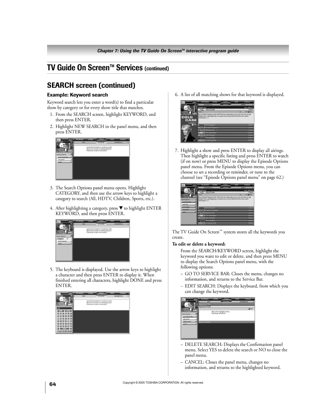 Toshiba 50HPX95 owner manual List of all matching shows for that keyword is displayed, To edit or delete a keyword 