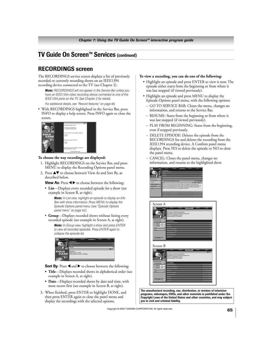 Toshiba 50HPX95 owner manual Recordings screen, To choose the way recordings are displayed, Screen a Screen B 