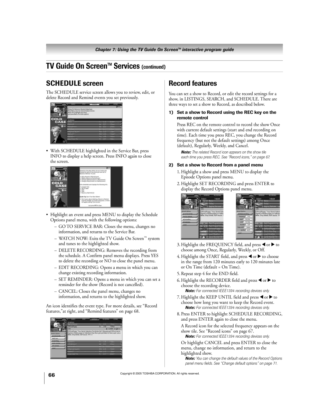 Toshiba 50HPX95 owner manual Schedule screen, Record features, Set a show to Record from a panel menu 