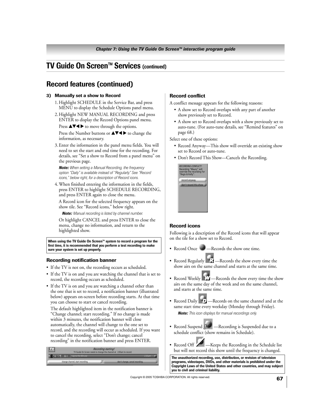 Toshiba 50HPX95 owner manual Recording notification banner, Manually set a show to Record 