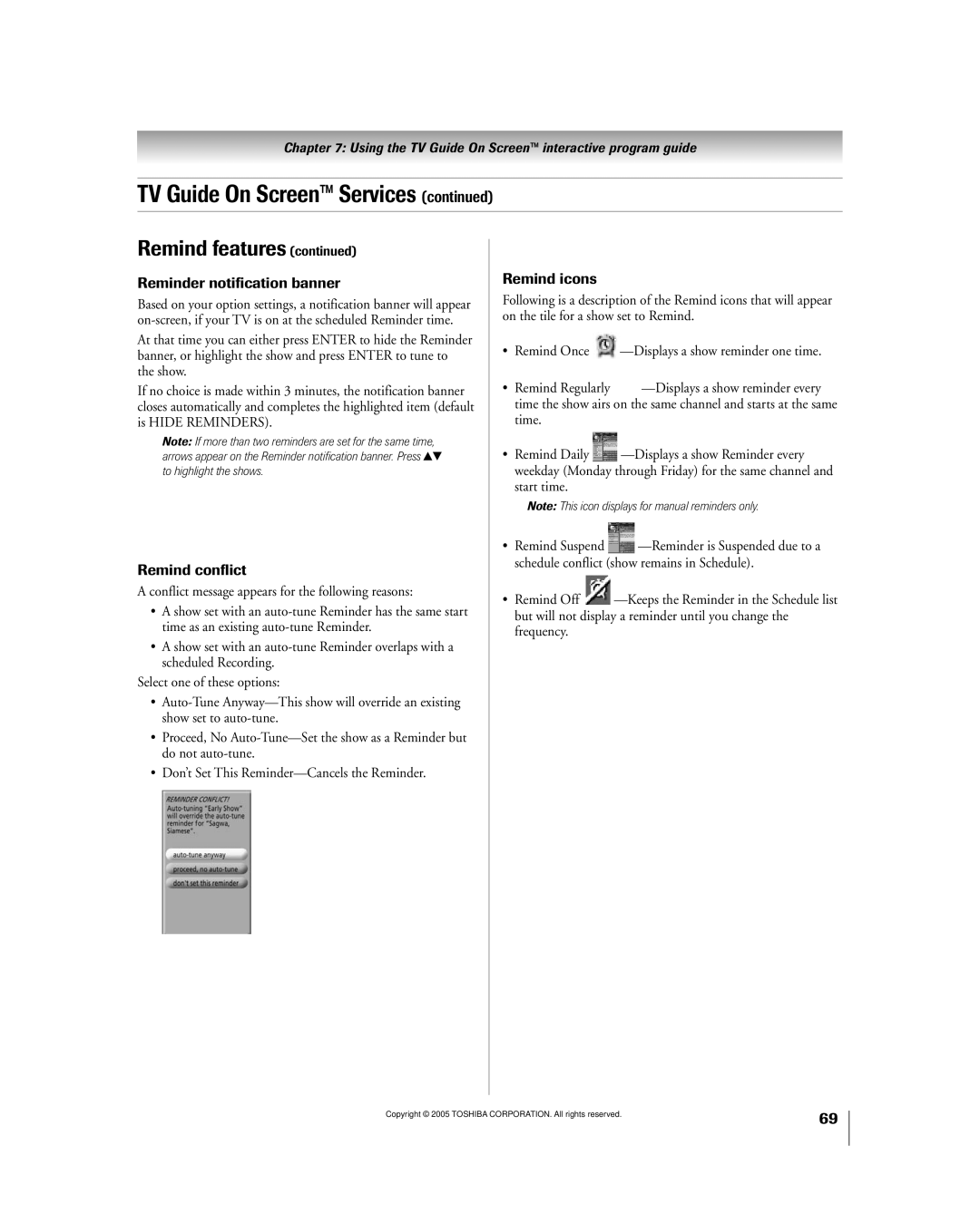 Toshiba 50HPX95 owner manual Reminder notification banner 