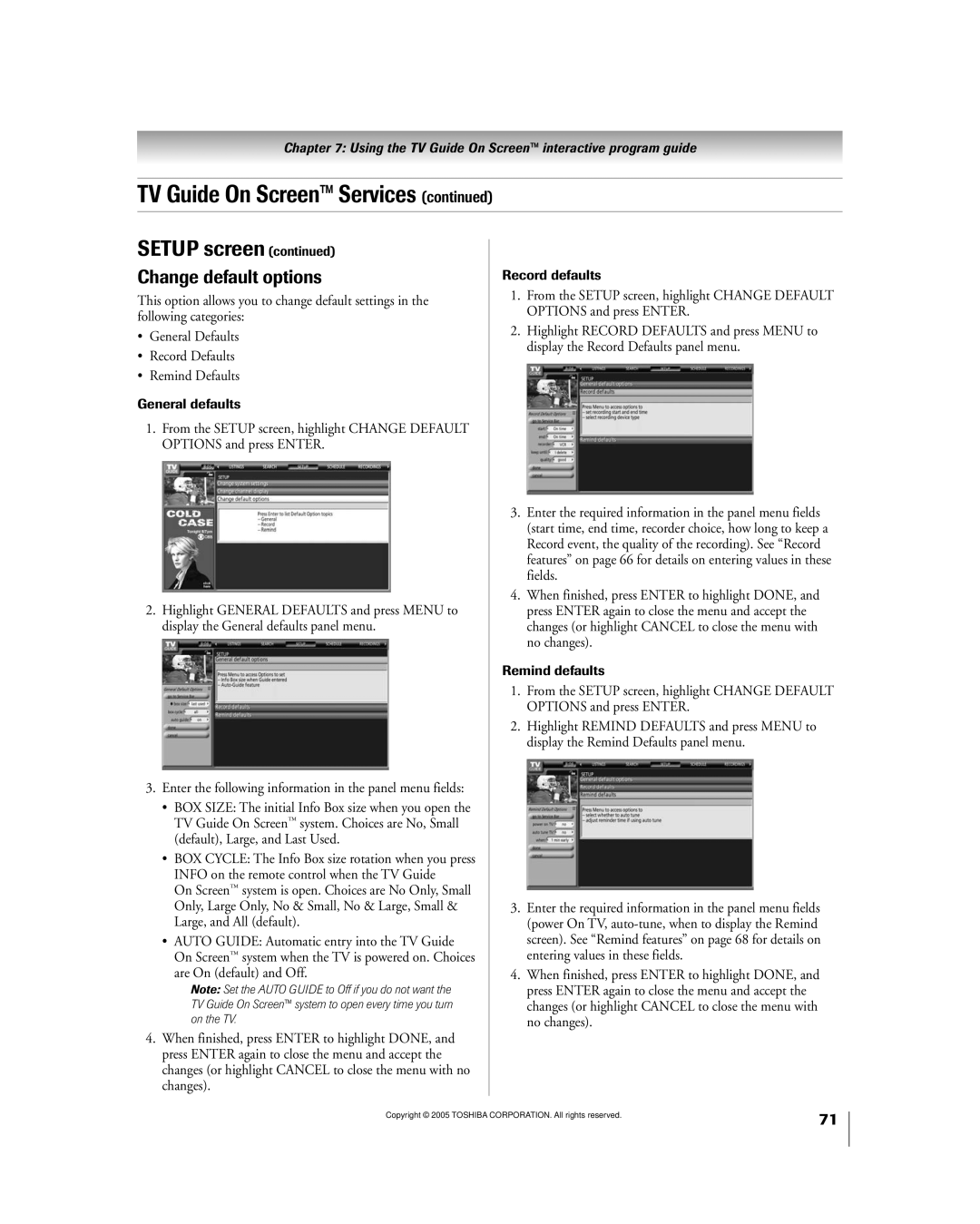 Toshiba 50HPX95 owner manual Change default options, General defaults, Record defaults, Remind defaults 