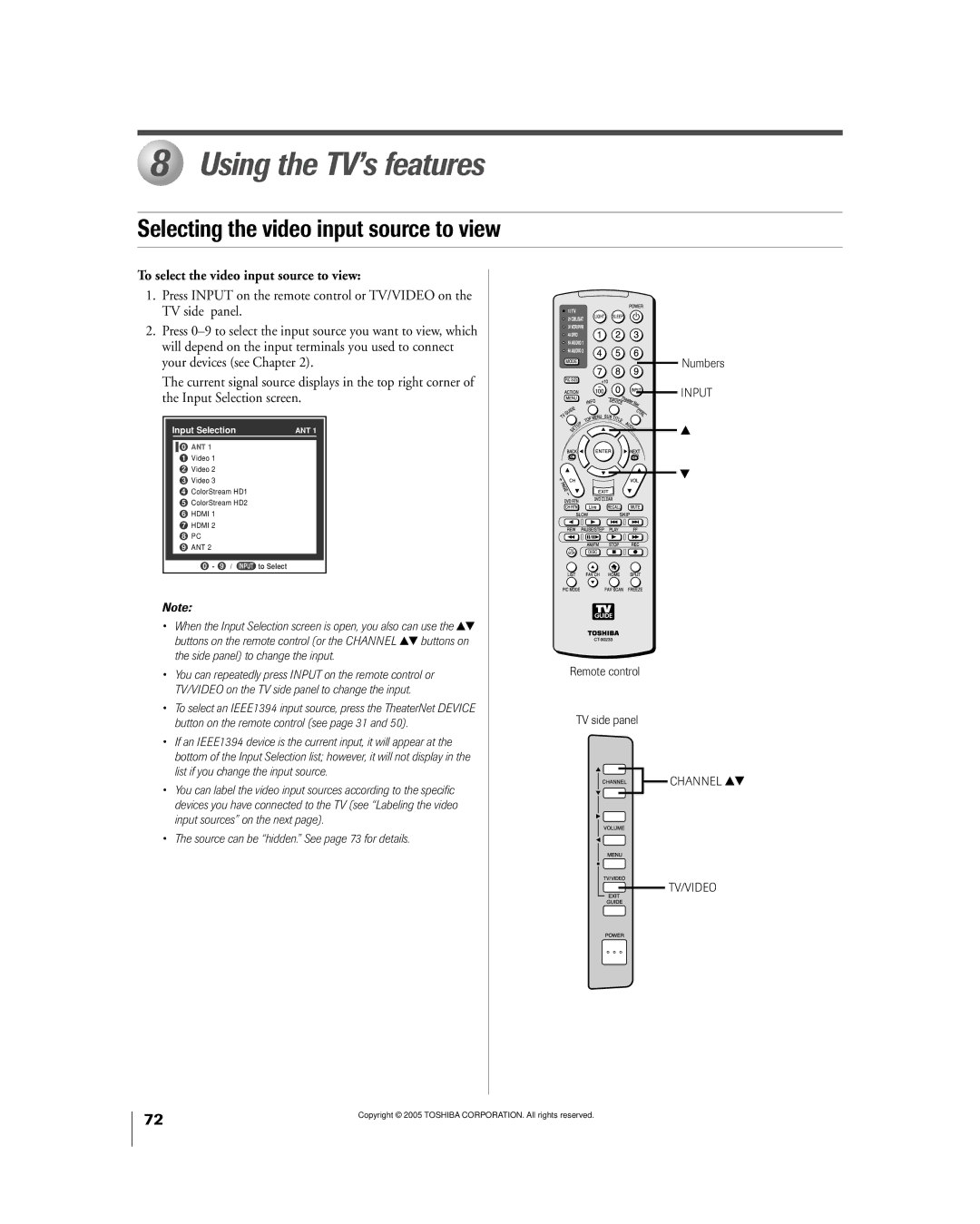 Toshiba 50HPX95 Using the TV’s features, Selecting the video input source to view, Remote control TV side panel Channel yz 