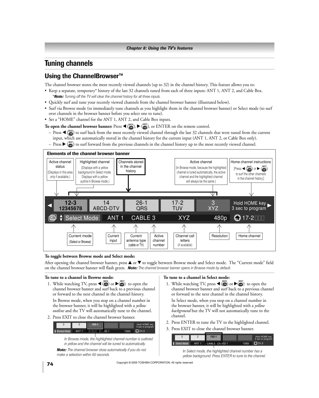 Toshiba 50HPX95 owner manual Tuning channels, Using the ChannelBrowser, To toggle between Browse mode and Select mode 