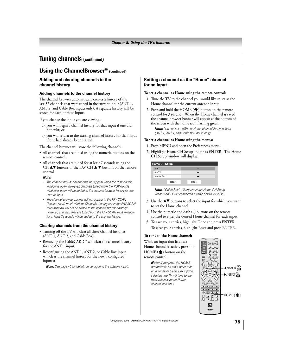 Toshiba 50HPX95 owner manual To set a channel as Home using the remote control, To set a channel as Home using the menus 