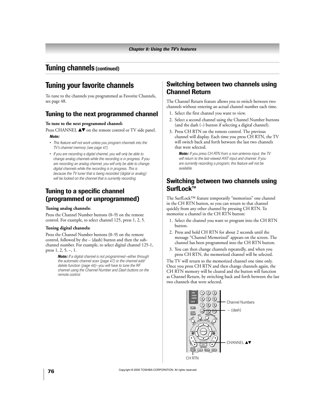 Toshiba 50HPX95 owner manual Tuning channels Tuning your favorite channels, Tuning to the next programmed channel 