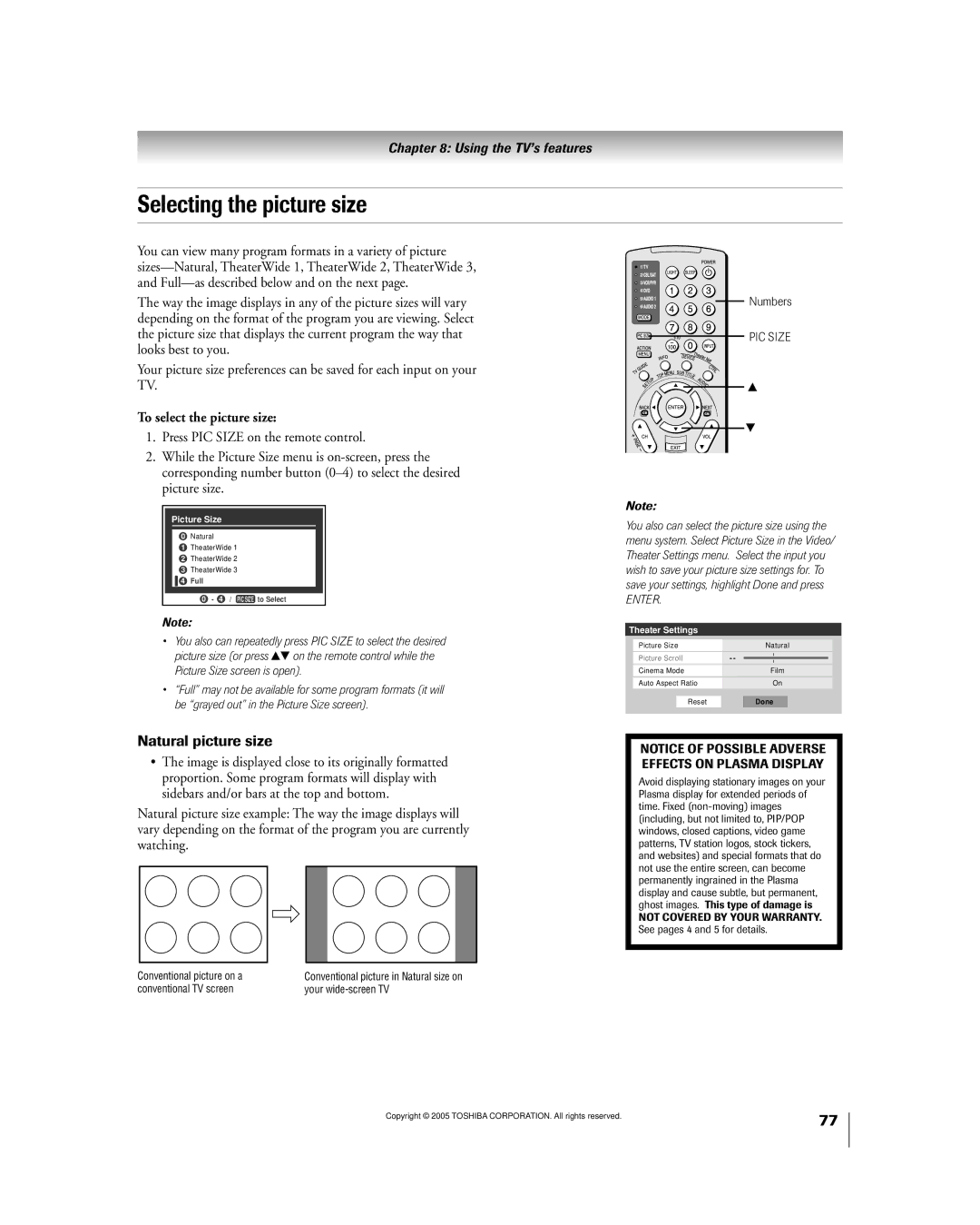 Toshiba 50HPX95 owner manual Selecting the picture size, You can view many program formats in a variety of picture 