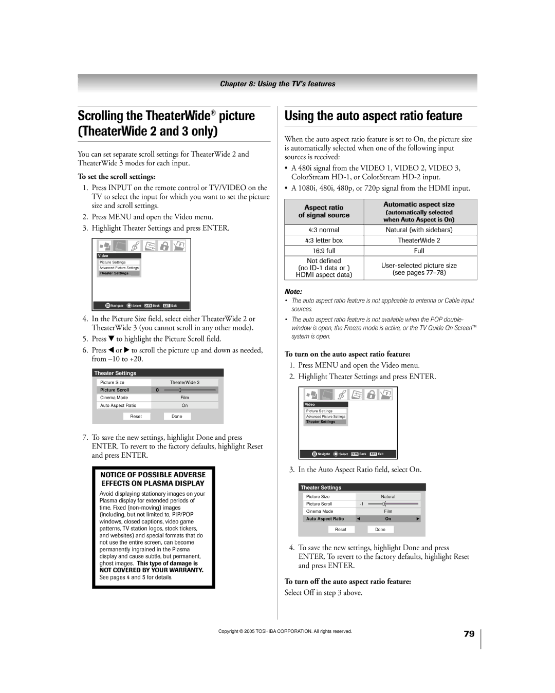 Toshiba 50HPX95 Using the auto aspect ratio feature, Scrolling the TheaterWide picture TheaterWide 2 and 3 only 