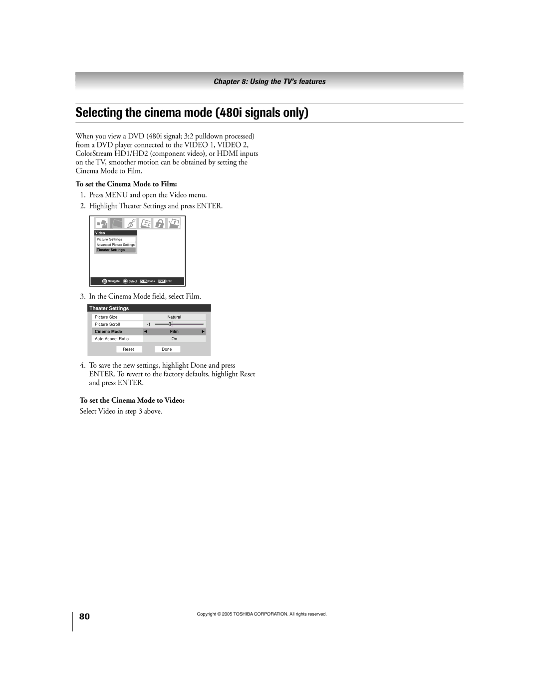 Toshiba 50HPX95 Selecting the cinema mode 480i signals only, To set the Cinema Mode to Film, Select Video in above 