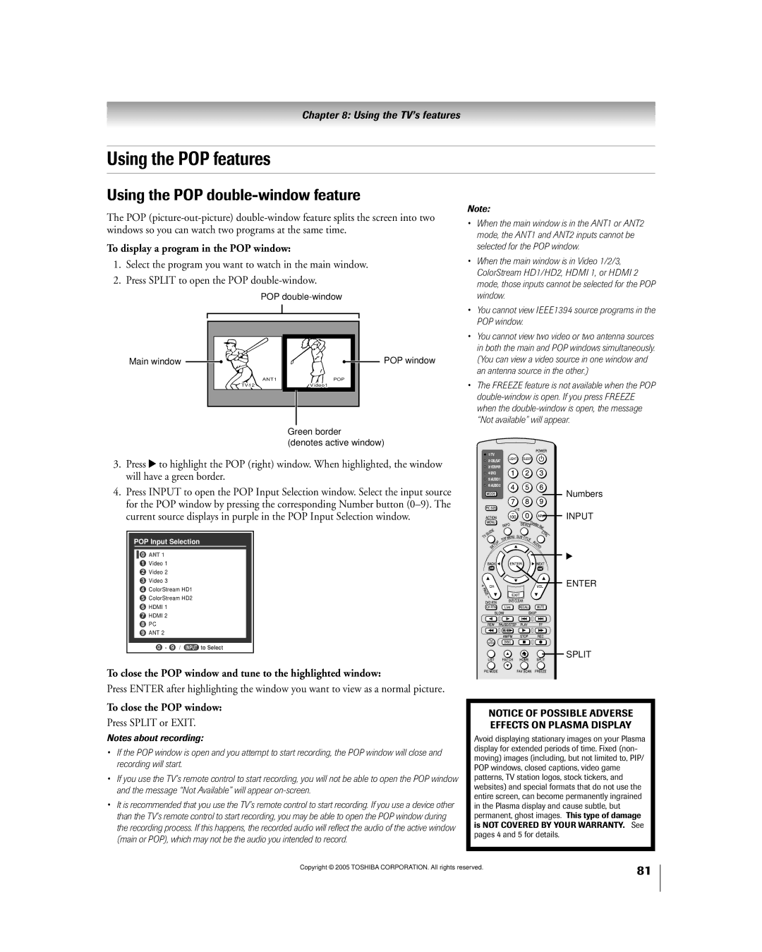 Toshiba 50HPX95 Using the POP features, Using the POP double-window feature, To display a program in the POP window 