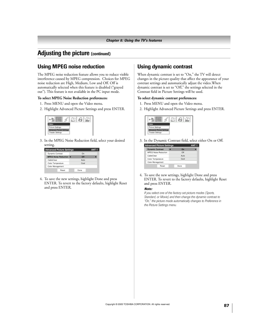 Toshiba 50HPX95 owner manual Using Mpeg noise reduction, Using dynamic contrast, To select Mpeg Noise Reduction preferences 