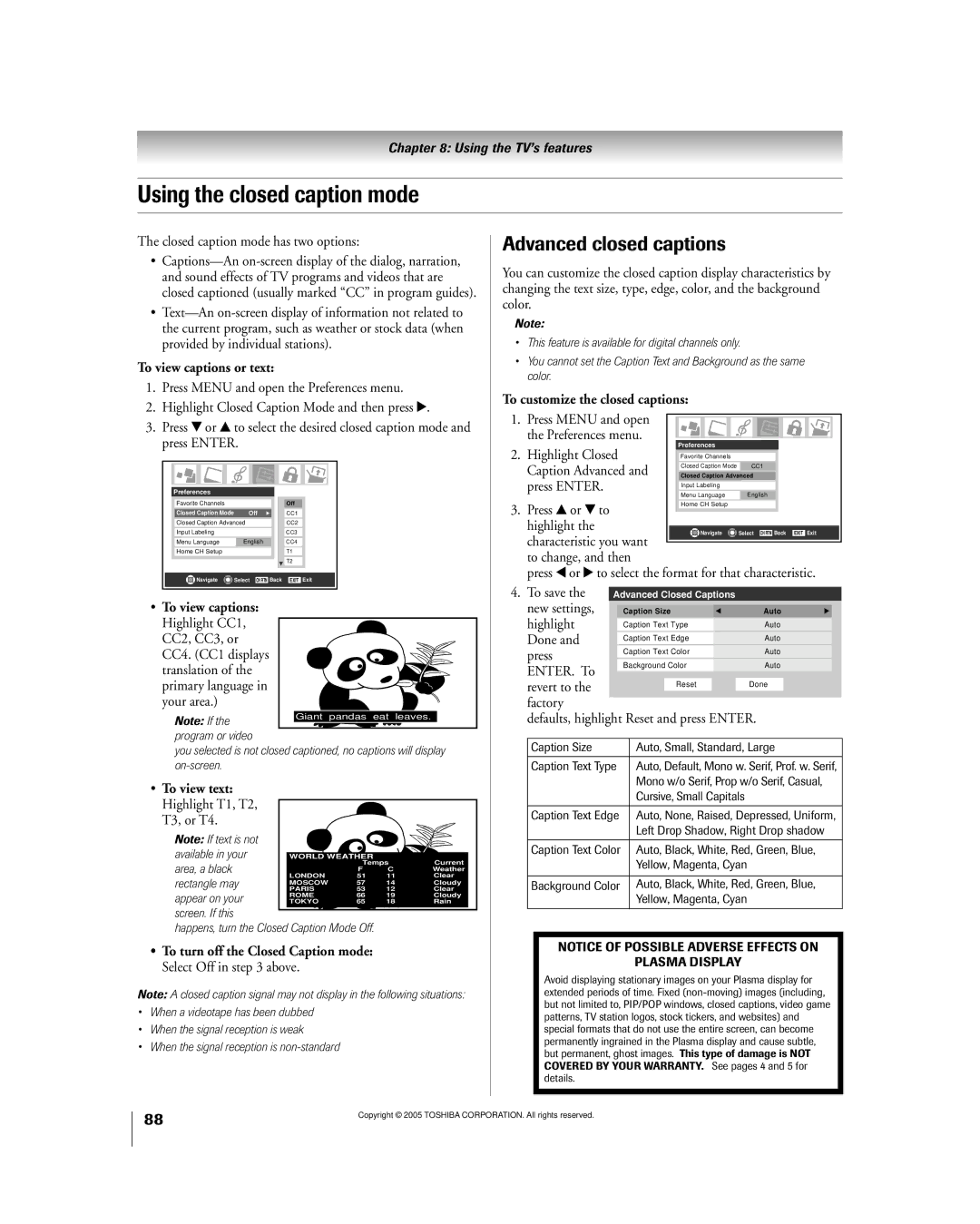 Toshiba 50HPX95 owner manual Using the closed caption mode, Advanced closed captions, To view captions or text 