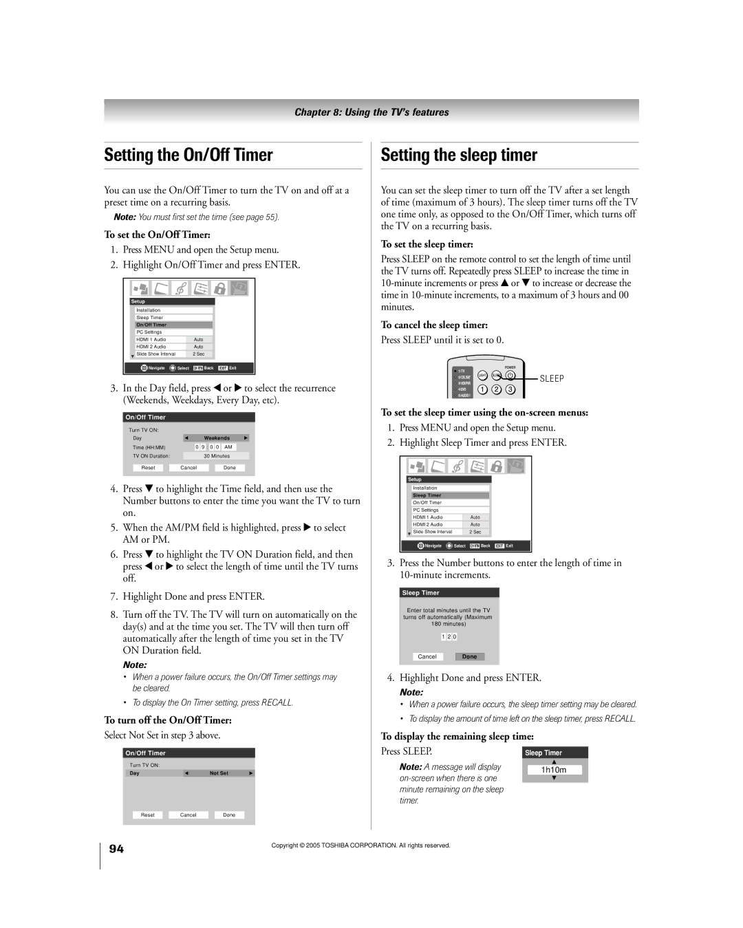 Toshiba 50HPX95 owner manual Setting the On/Off Timer, Setting the sleep timer 